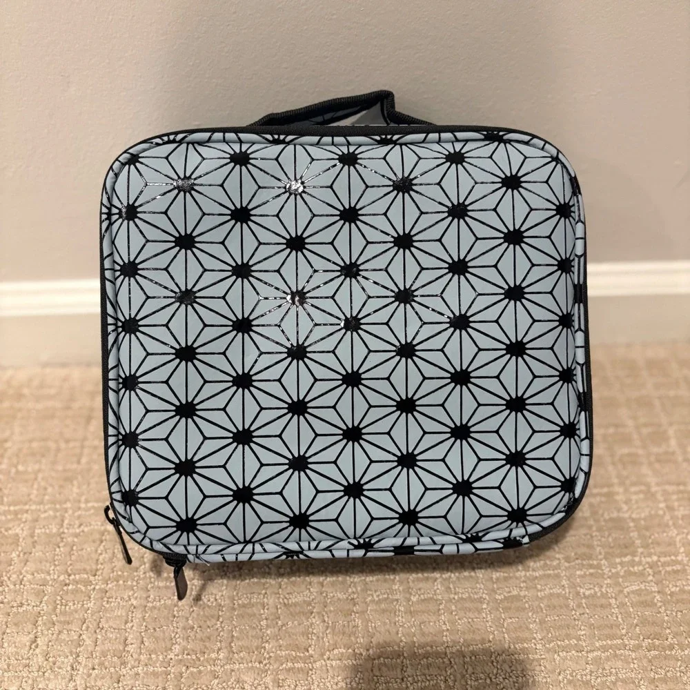 Makeup Hard Case Organizer Women OS Blue Geometric Starburst Travel Bag NEW